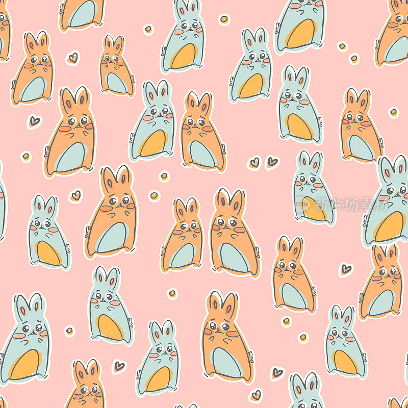 Cute kawaii rabbits seamless pattern. Vector background. It can be used as wallpaper, desktop, card, apparel design, printing, wrapping, fabric or background for your blog, covers and your design.